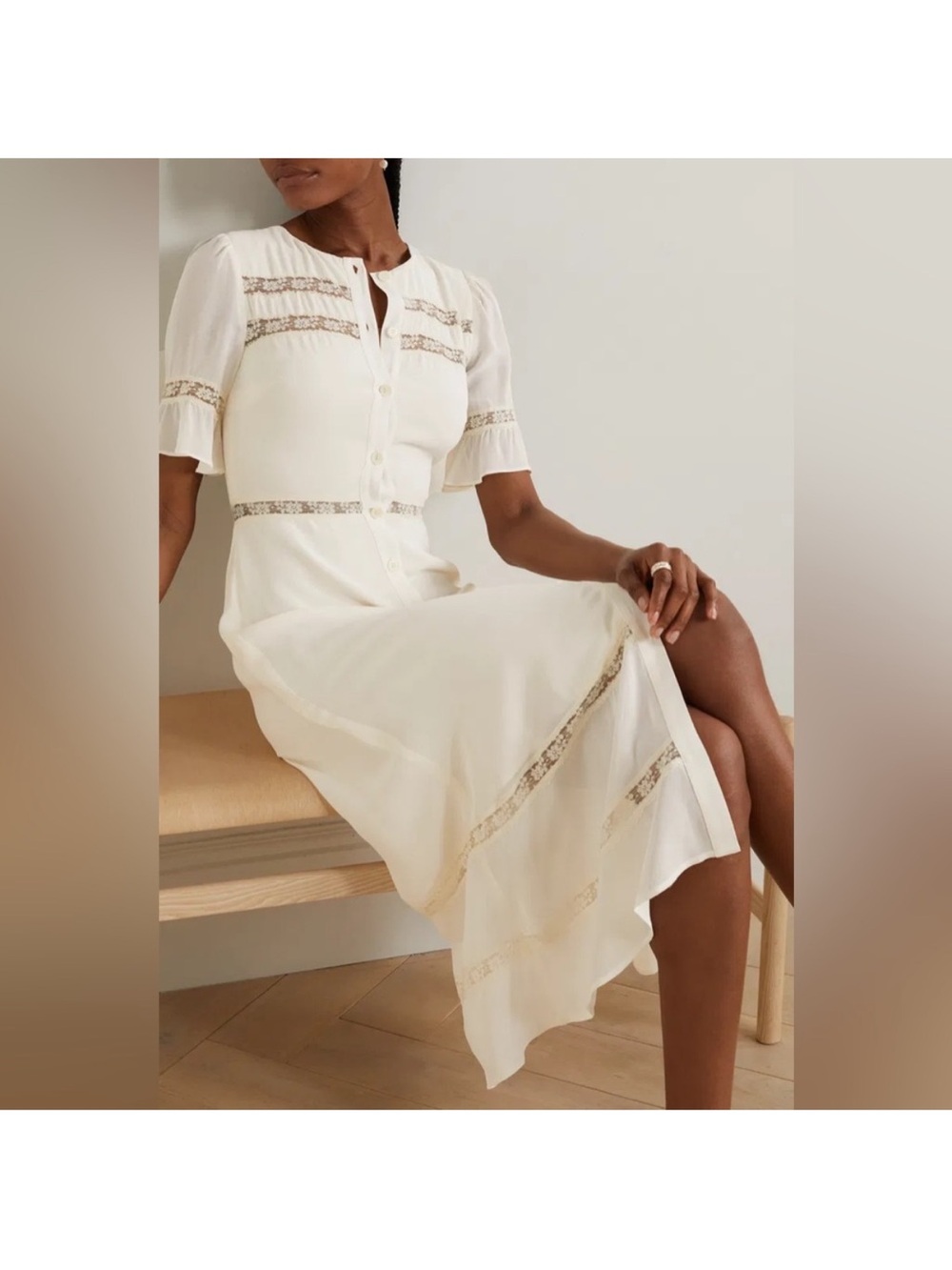 Reformation Woodson Cream Lace-Trim Button-Front Midi Dress - Picture 6 of 8